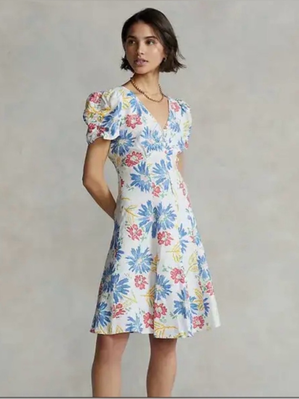 Ralph Lauren 100% Linen White Floral Button-Front Dress